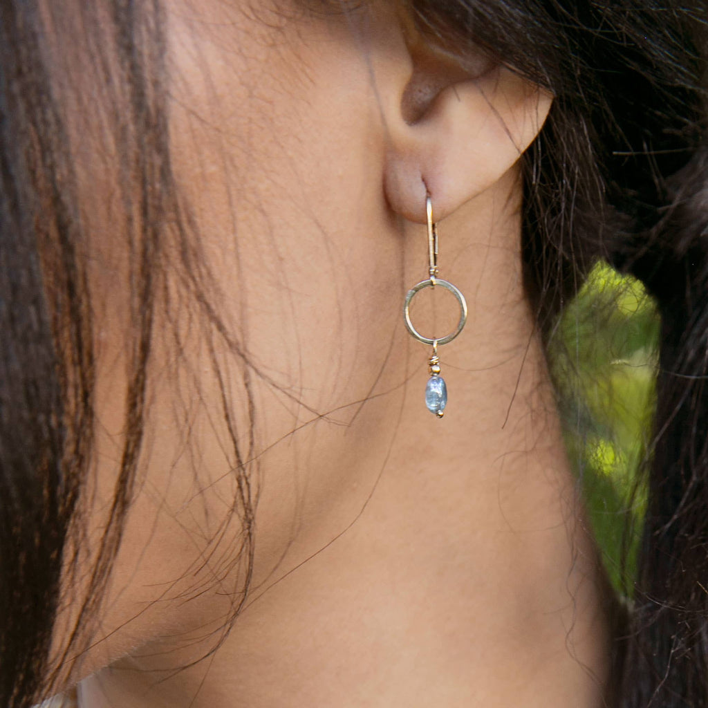 Bloom Tiny Earrings - Blue Kyanite on Gold Oval