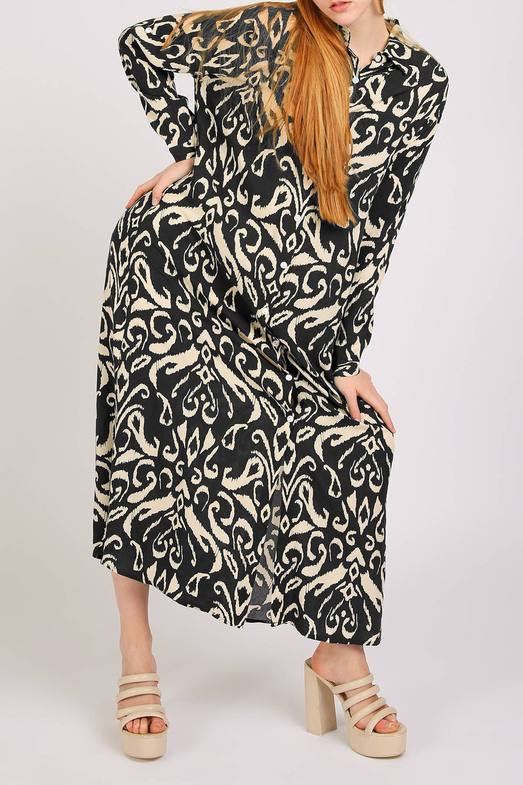 Abstract Contrast Printed Maxi Shirt Dress PM3077