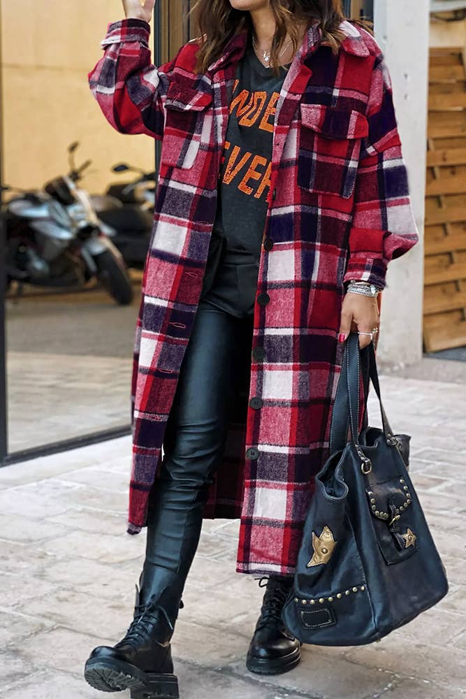 XC1360 Plaid Flannel Shacket Jacket Maxi Length Women