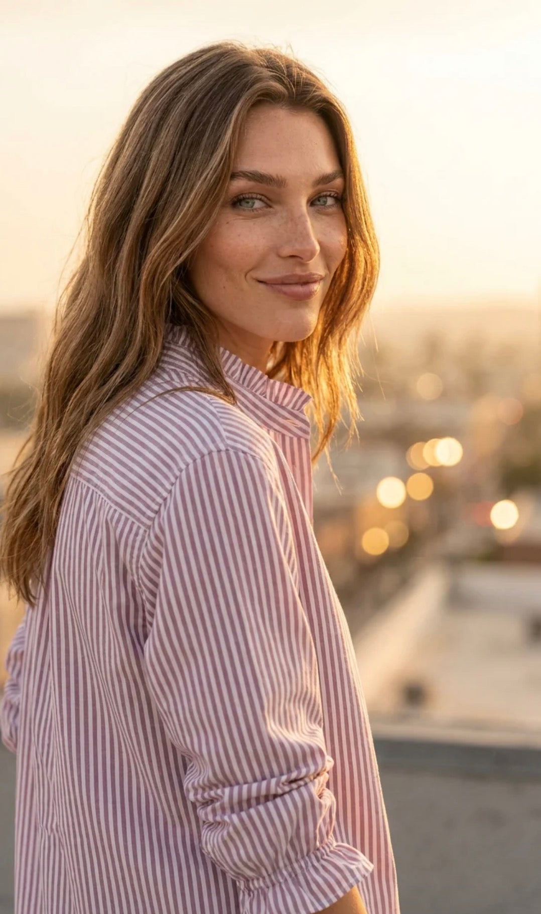 Good Girlfriend Shirt Short Sleeve with Ruffle Trim Menswear Stripe Raisin Rose