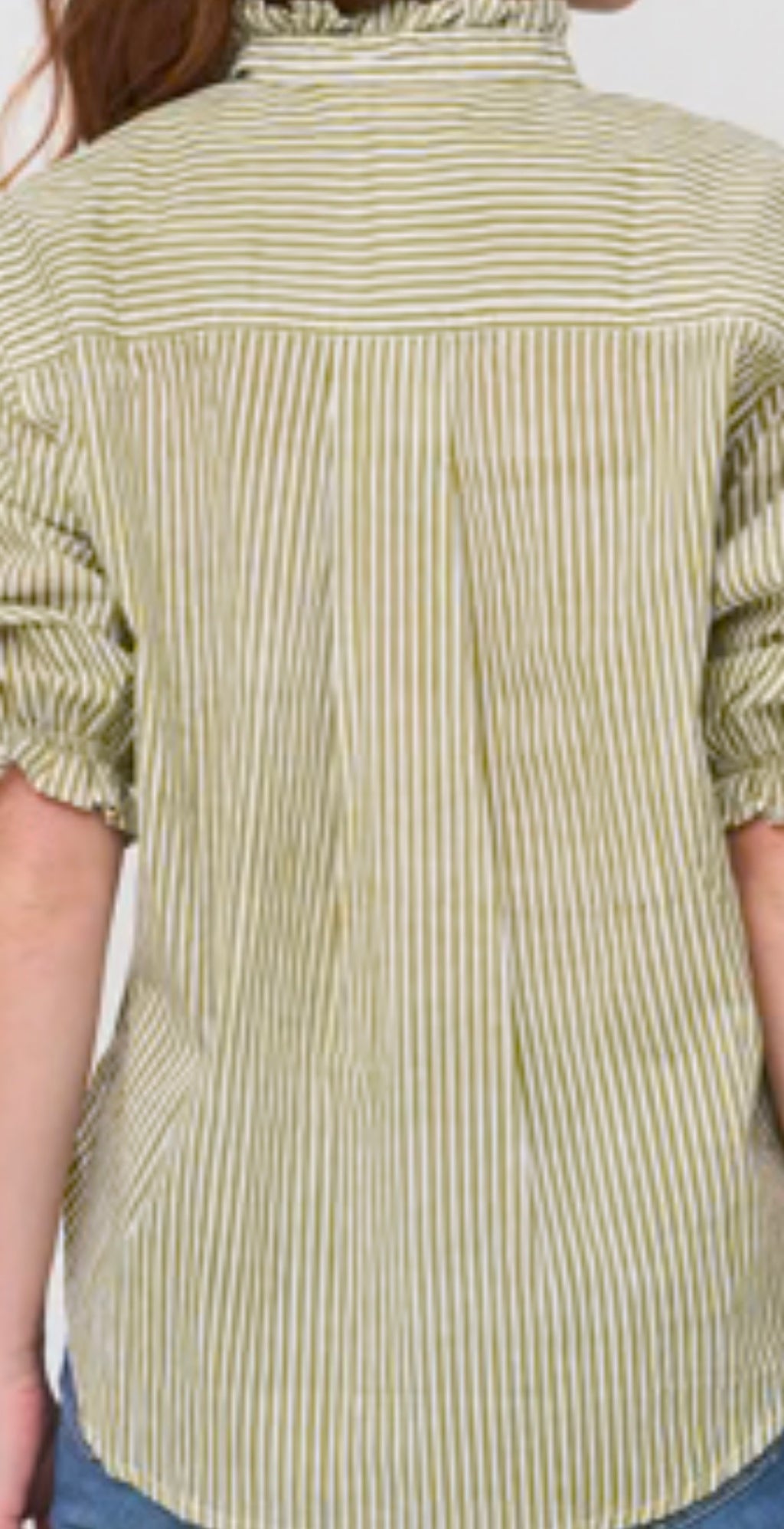 Good Girlfriend Shirt Short Sleeve w/Ruffle Trim, Menswear Stripe Olive Oil