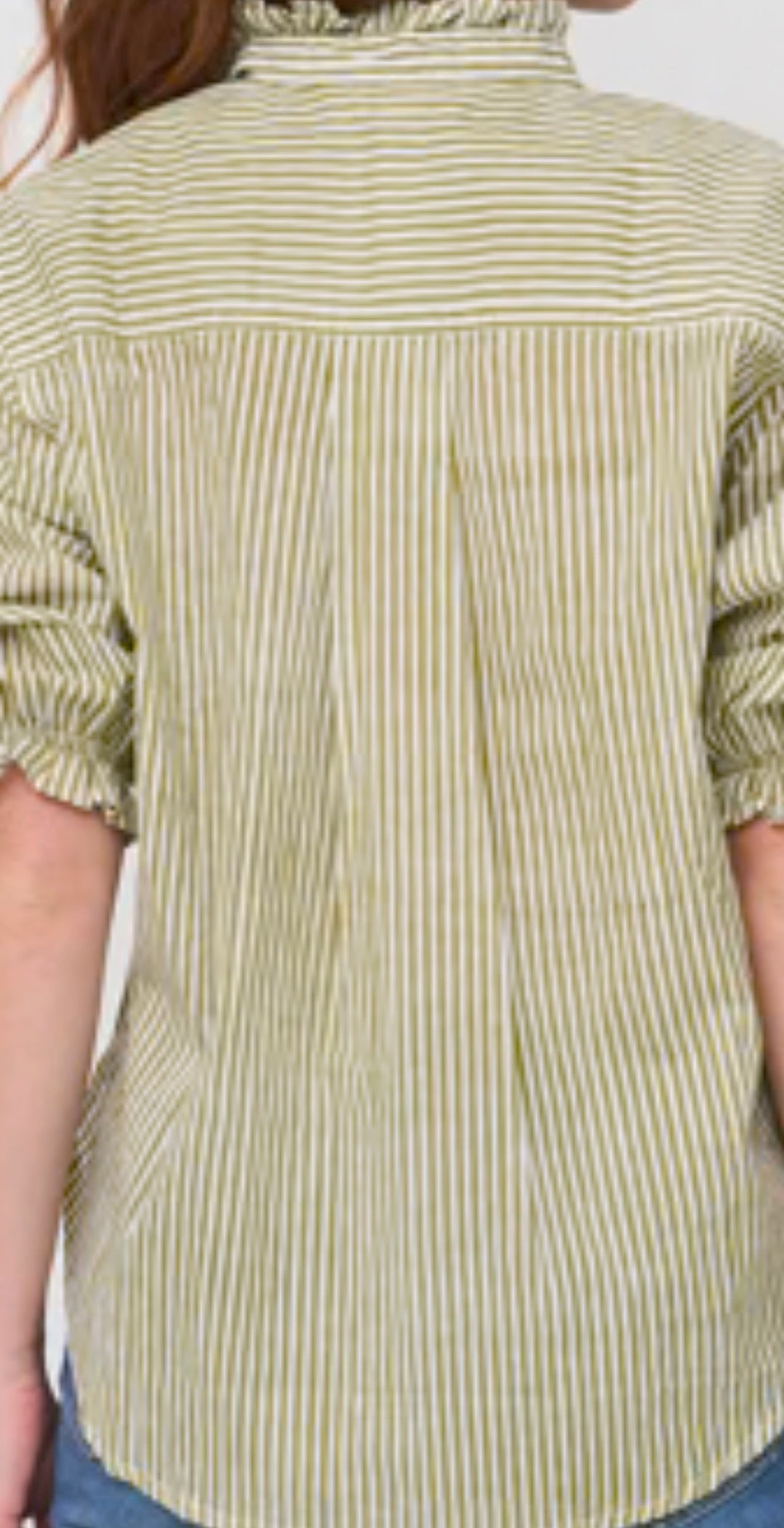 Good Girlfriend Shirt Short Sleeve w/Ruffle Trim, Menswear Stripe Olive Oil