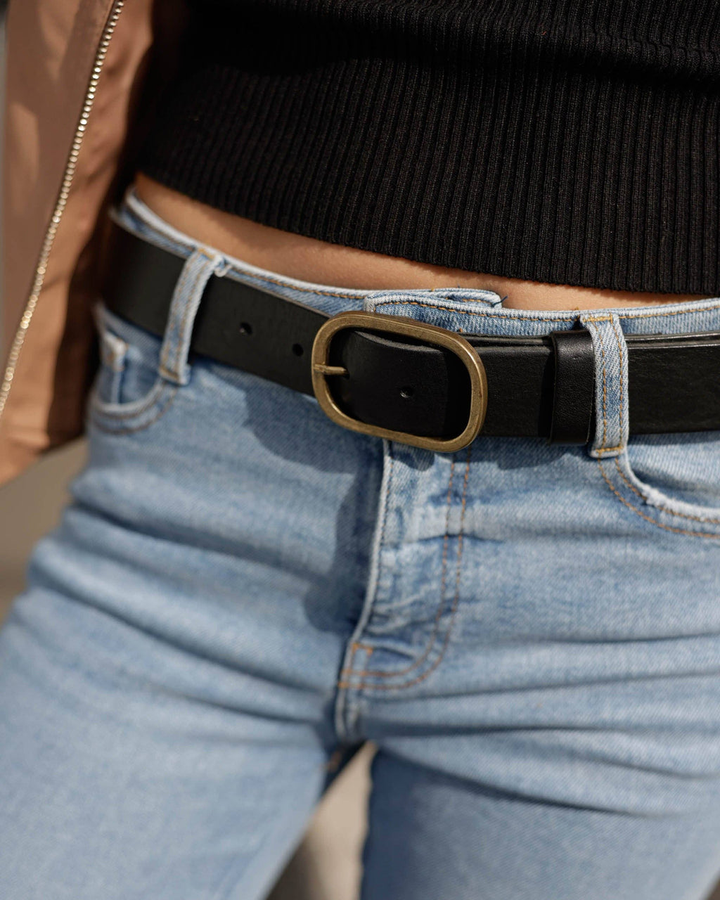 Marin | Gold Oval Buckle Design Statement Leather Belt Women