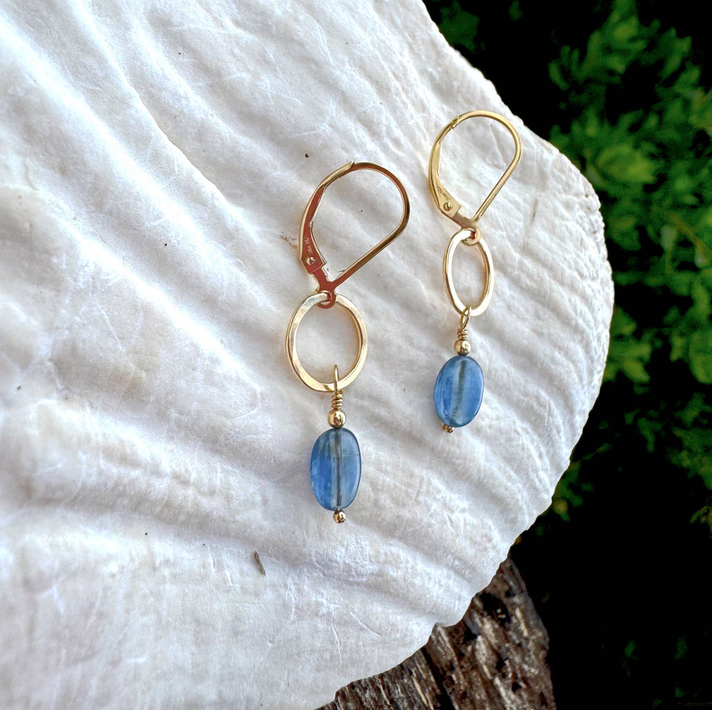 Bloom Tiny Earrings - Blue Kyanite on Gold Oval