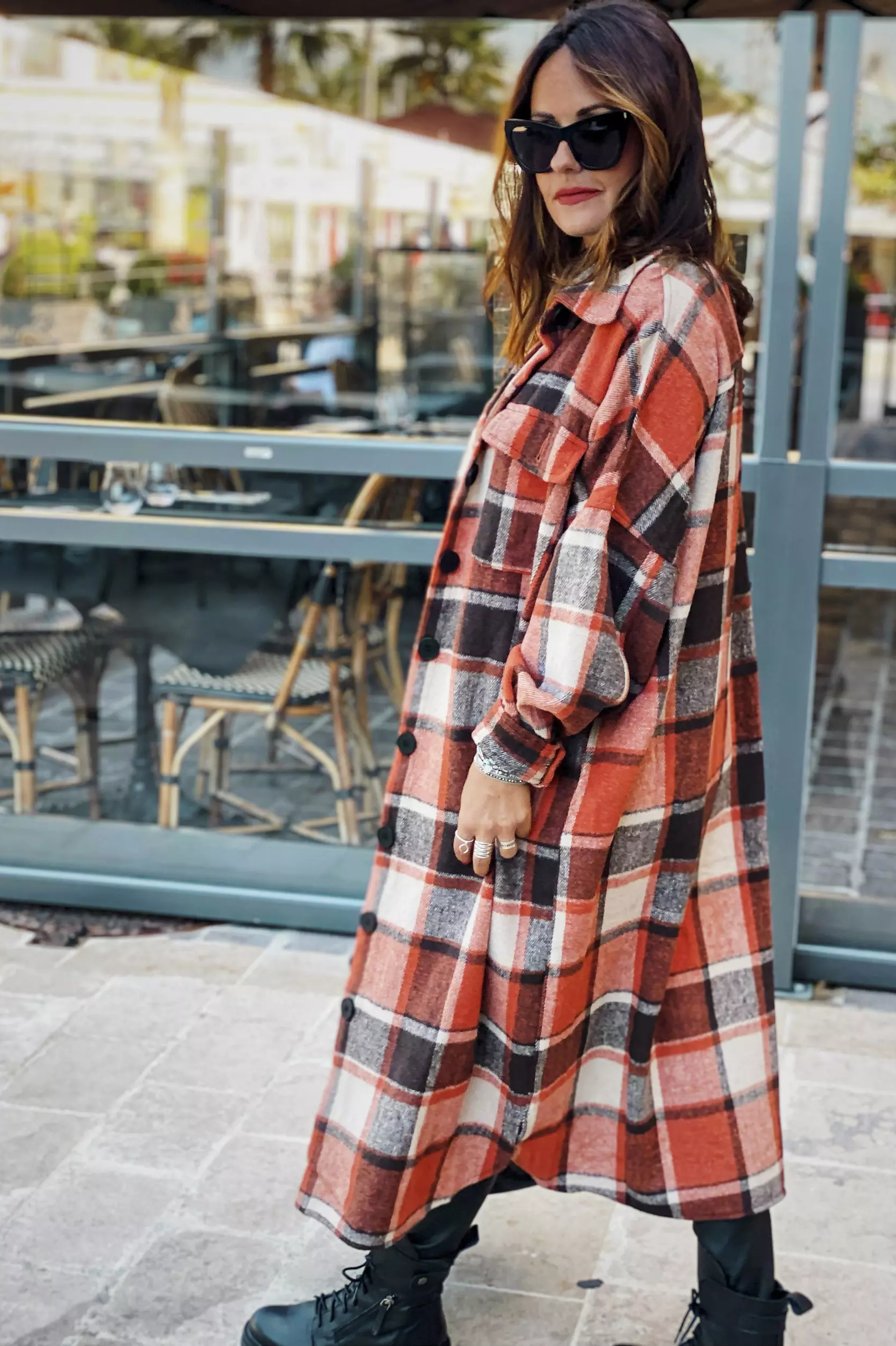 XC1360 Plaid Flannel Shacket Jacket Maxi Length Women