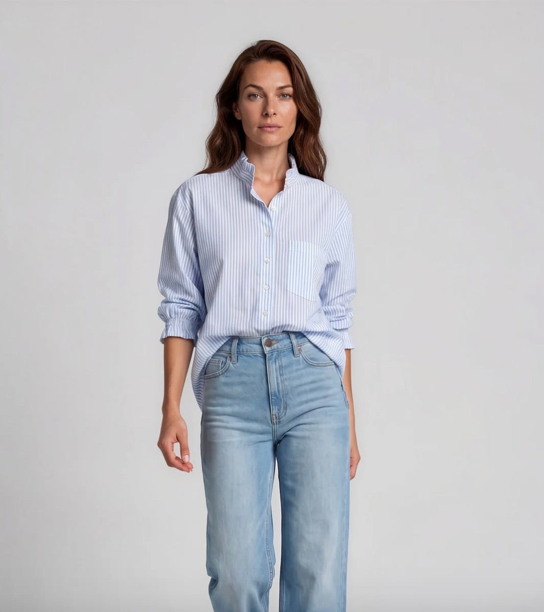 Good Girlfriend Short Sleeve w/Ruffle Trim Menswear Stripe Bluebird