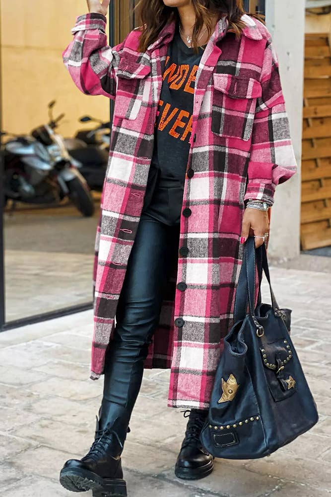 XC1360 Plaid Flannel Shacket Jacket Maxi Length Women