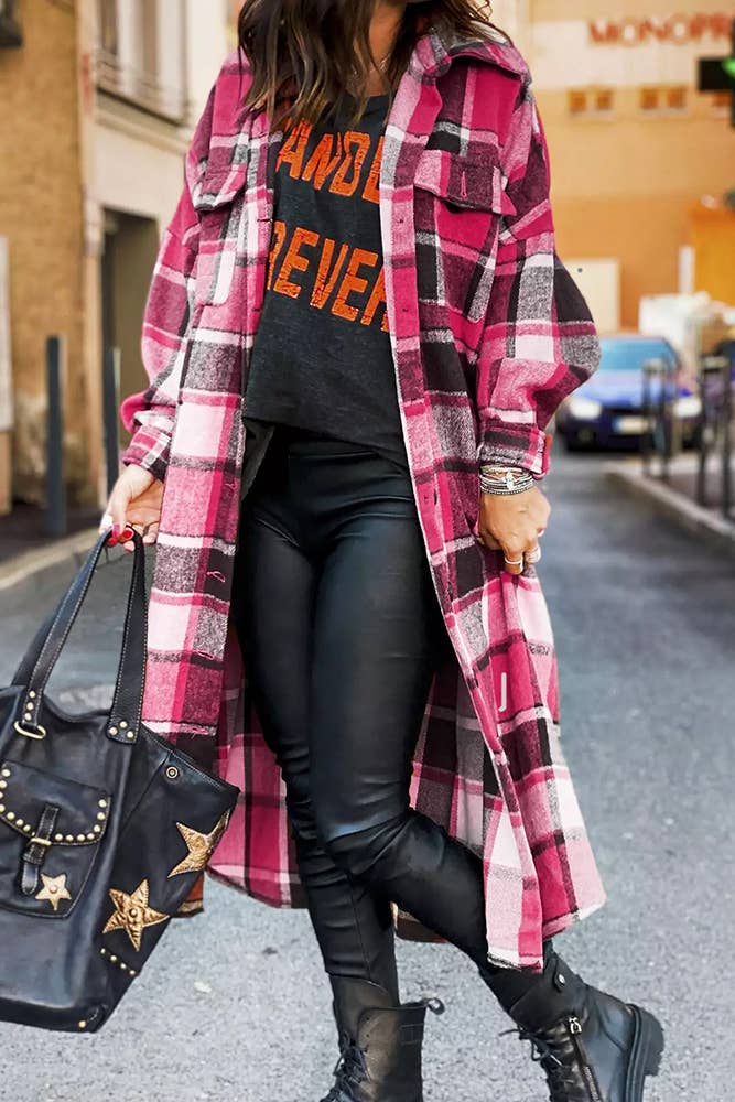 XC1360 Plaid Flannel Shacket Jacket Maxi Length Women