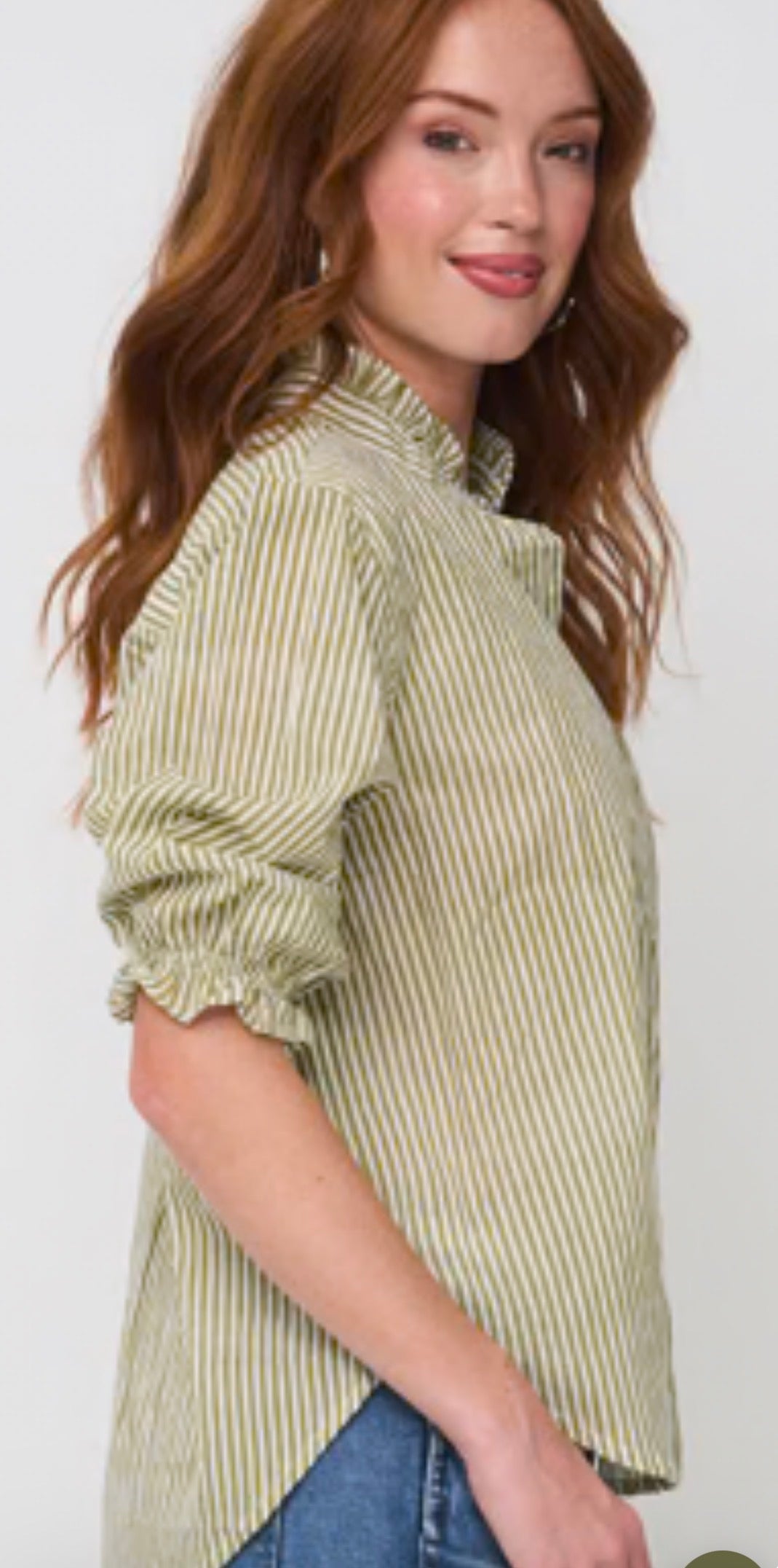 Good Girlfriend Shirt Short Sleeve w/Ruffle Trim, Menswear Stripe Olive Oil