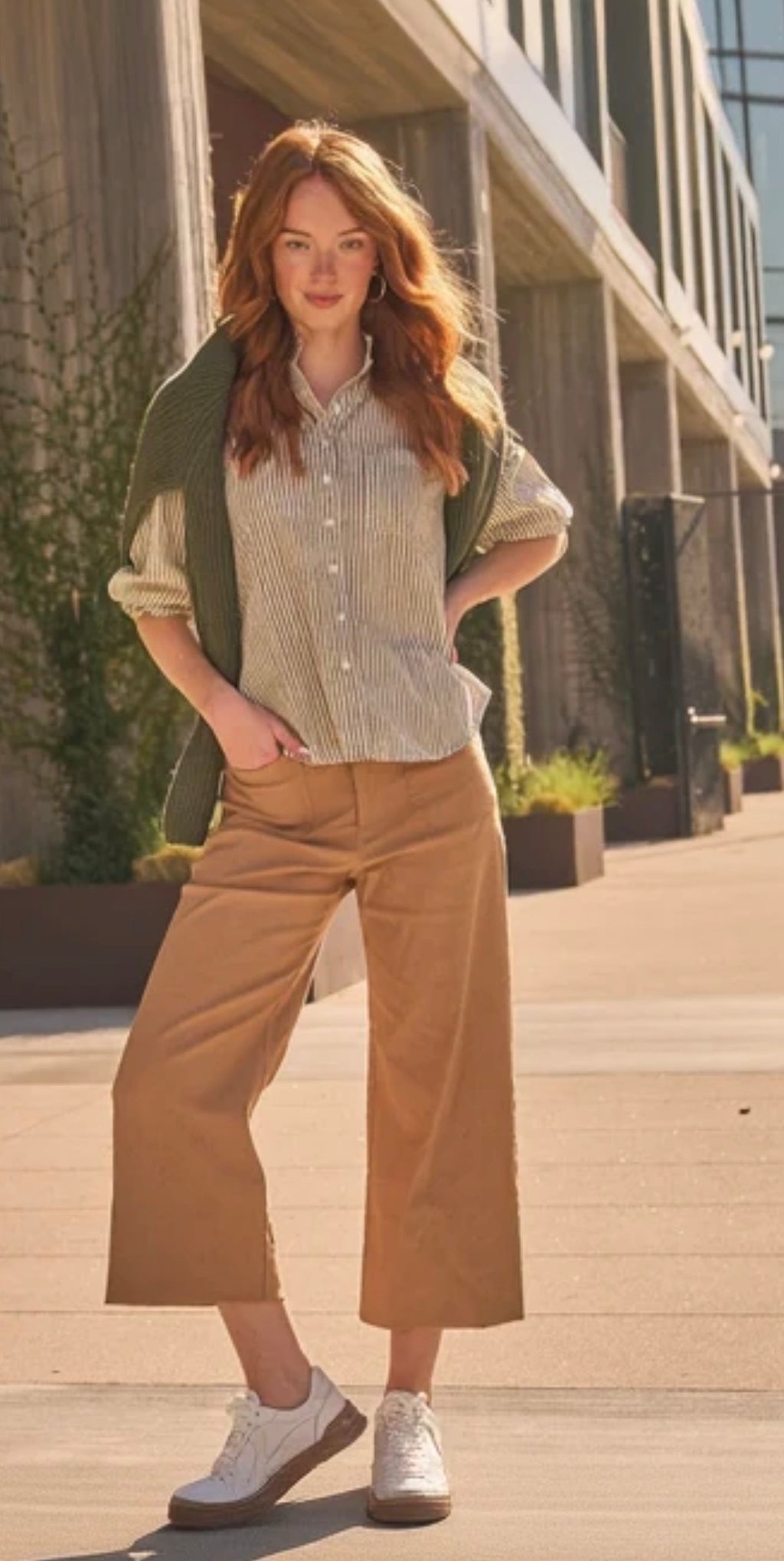 Good Girlfriend Shirt Short Sleeve w/Ruffle Trim, Menswear Stripe Olive Oil