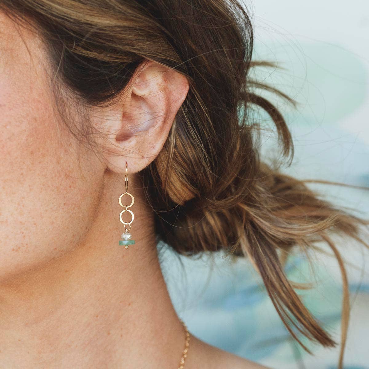 Marine Little Gemstone Earrings - Green Quartz, Gold Filled