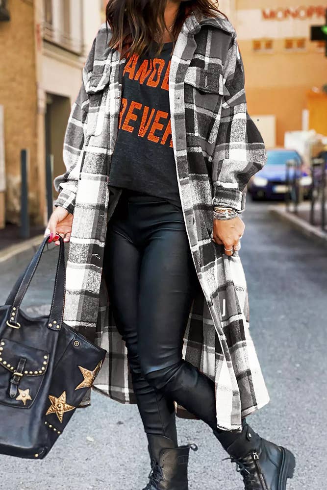 XC1360 Plaid Flannel Shacket Jacket Maxi Length Women