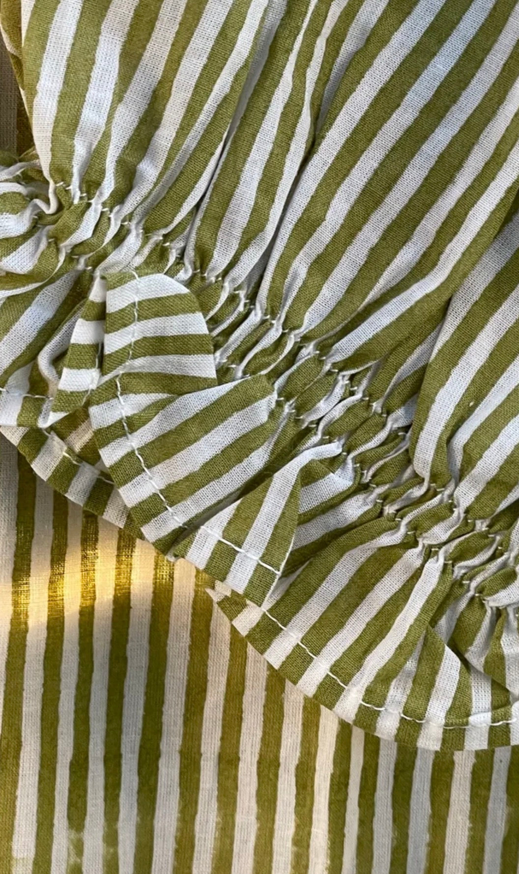 Good Girlfriend Shirt Short Sleeve w/Ruffle Trim, Menswear Stripe Olive Oil