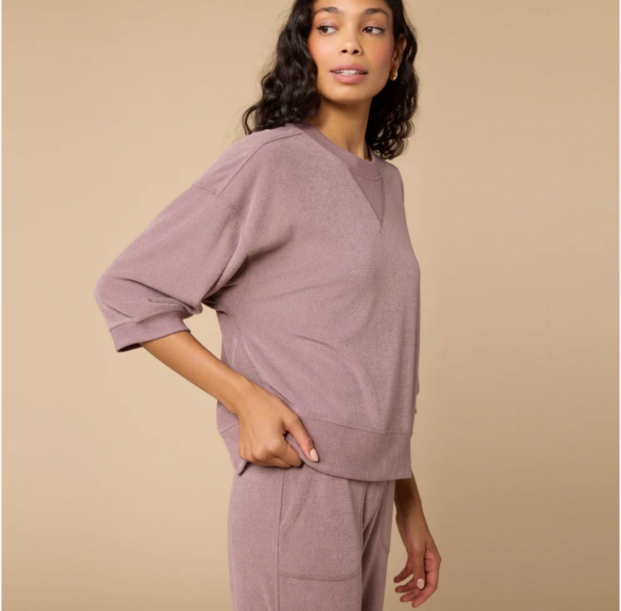Softies Terry Cropped Sleeve with Wide Leg Pant - Driftwood