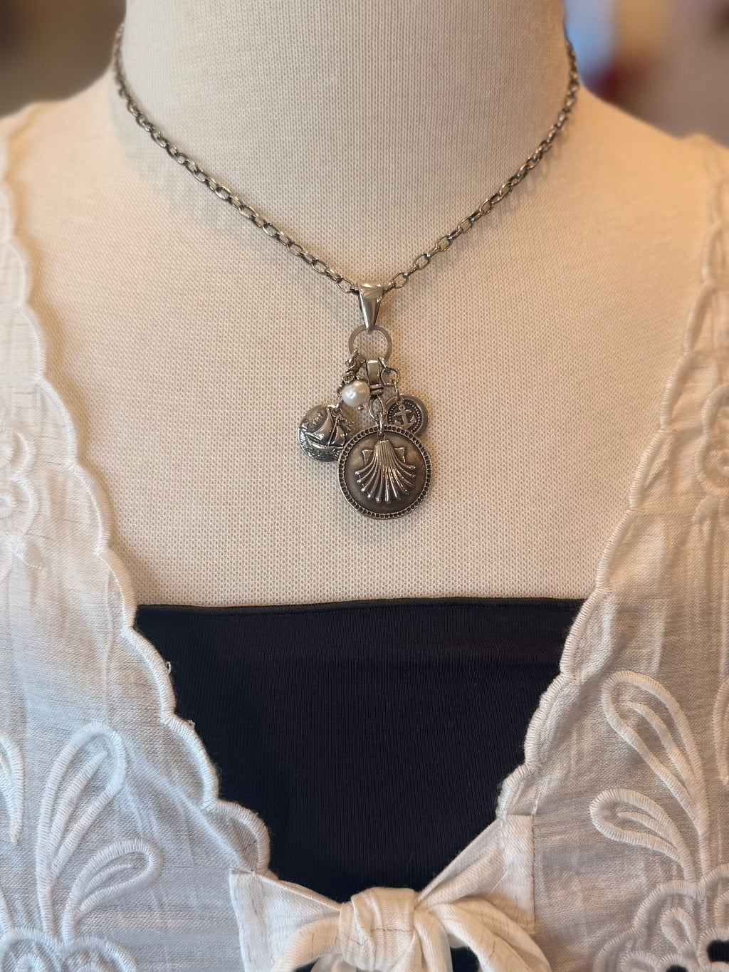 Dkd Studio Nautical Sterling Necklace (Shell, Sailboat, Anchor, Pearl) w/Charm Holder