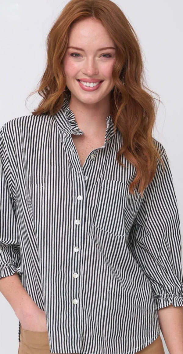 Good Girlfriend Shirt with Ruffle Trim, Menswear Stripe Black