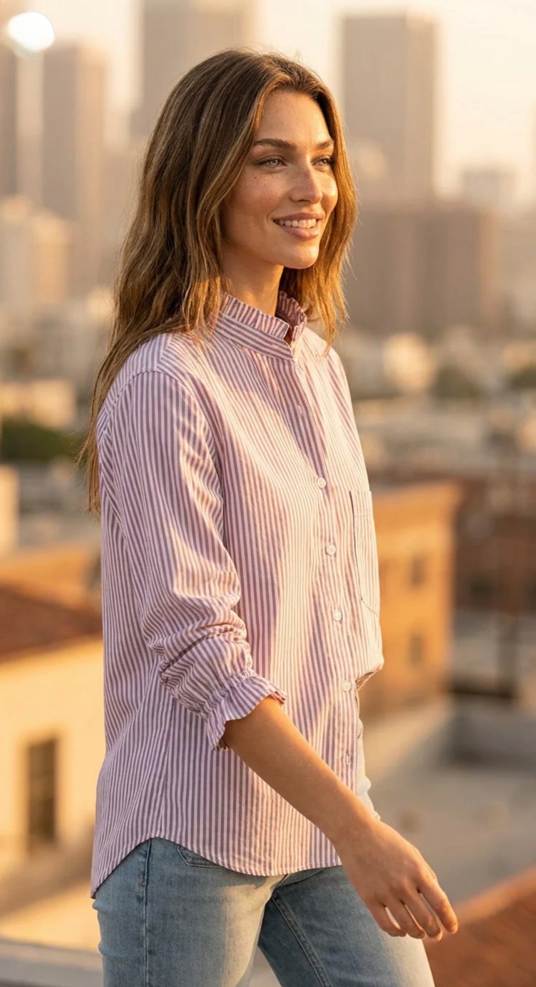 Good Girlfriend Shirt Short Sleeve with Ruffle Trim Menswear Stripe Raisin Rose