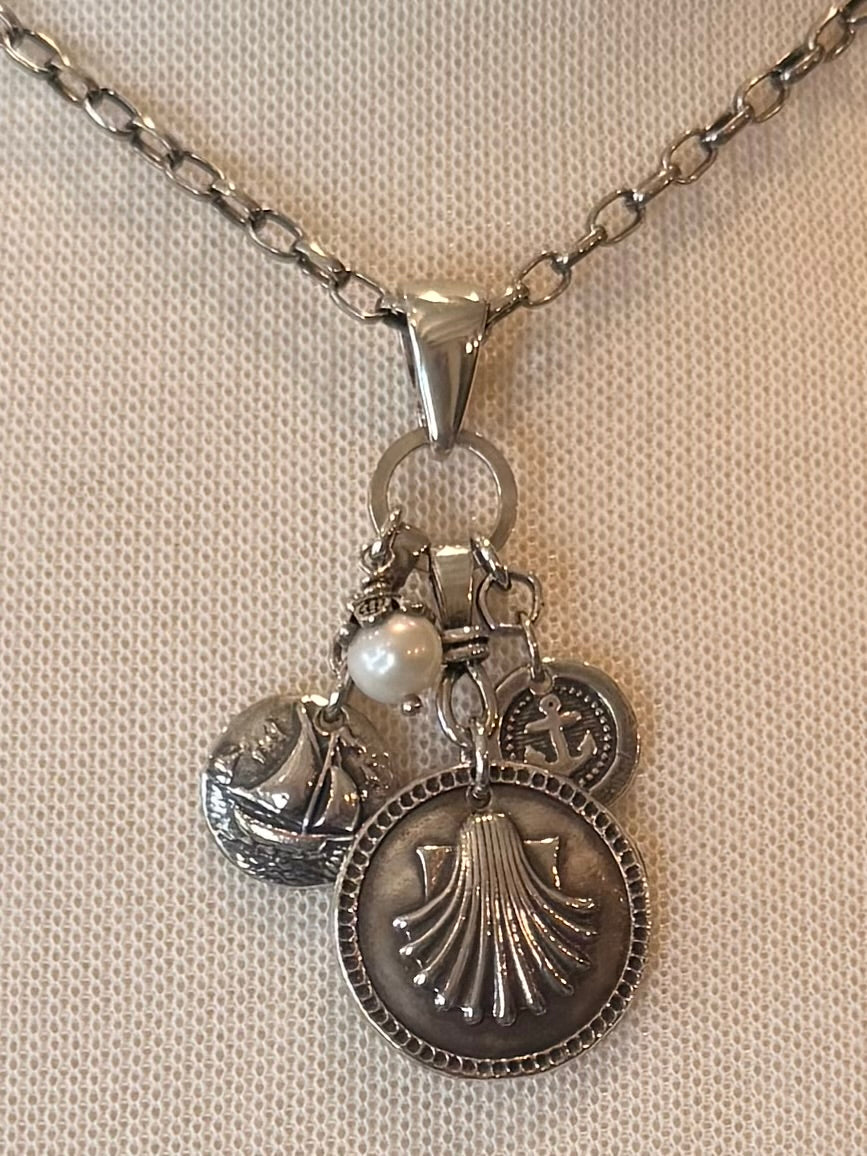 Dkd Studio Nautical Sterling Necklace (Shell, Sailboat, Anchor, Pearl) w/Charm Holder