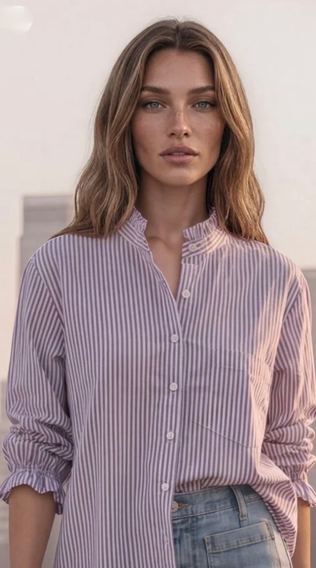Good Girlfriend Shirt Short Sleeve with Ruffle Trim Menswear Stripe Raisin Rose