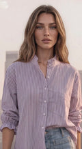 Good Girlfriend Shirt Short Sleeve with Ruffle Trim Menswear Stripe Raisin Rose
