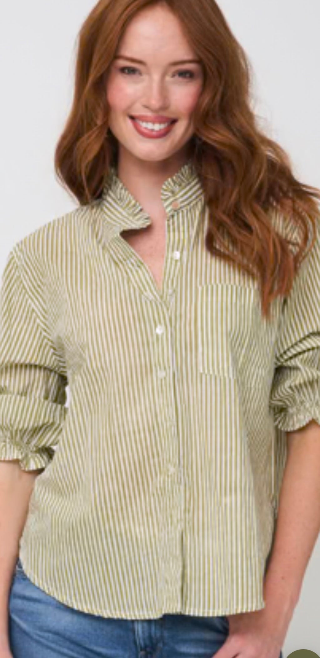 Good Girlfriend Shirt Short Sleeve w/Ruffle Trim, Menswear Stripe Olive Oil