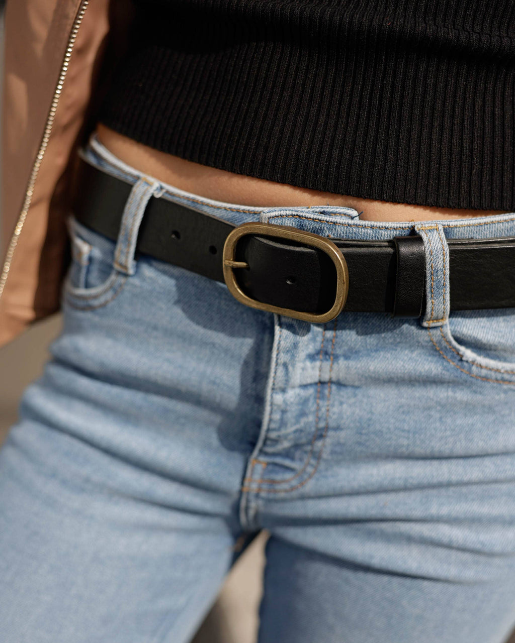 Marin | Gold Oval Buckle Design Statement Leather Belt Women