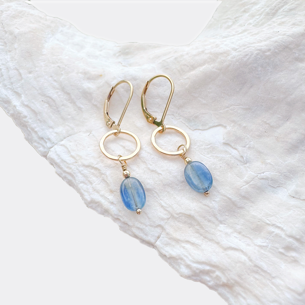 Bloom Tiny Earrings - Blue Kyanite on Gold Oval