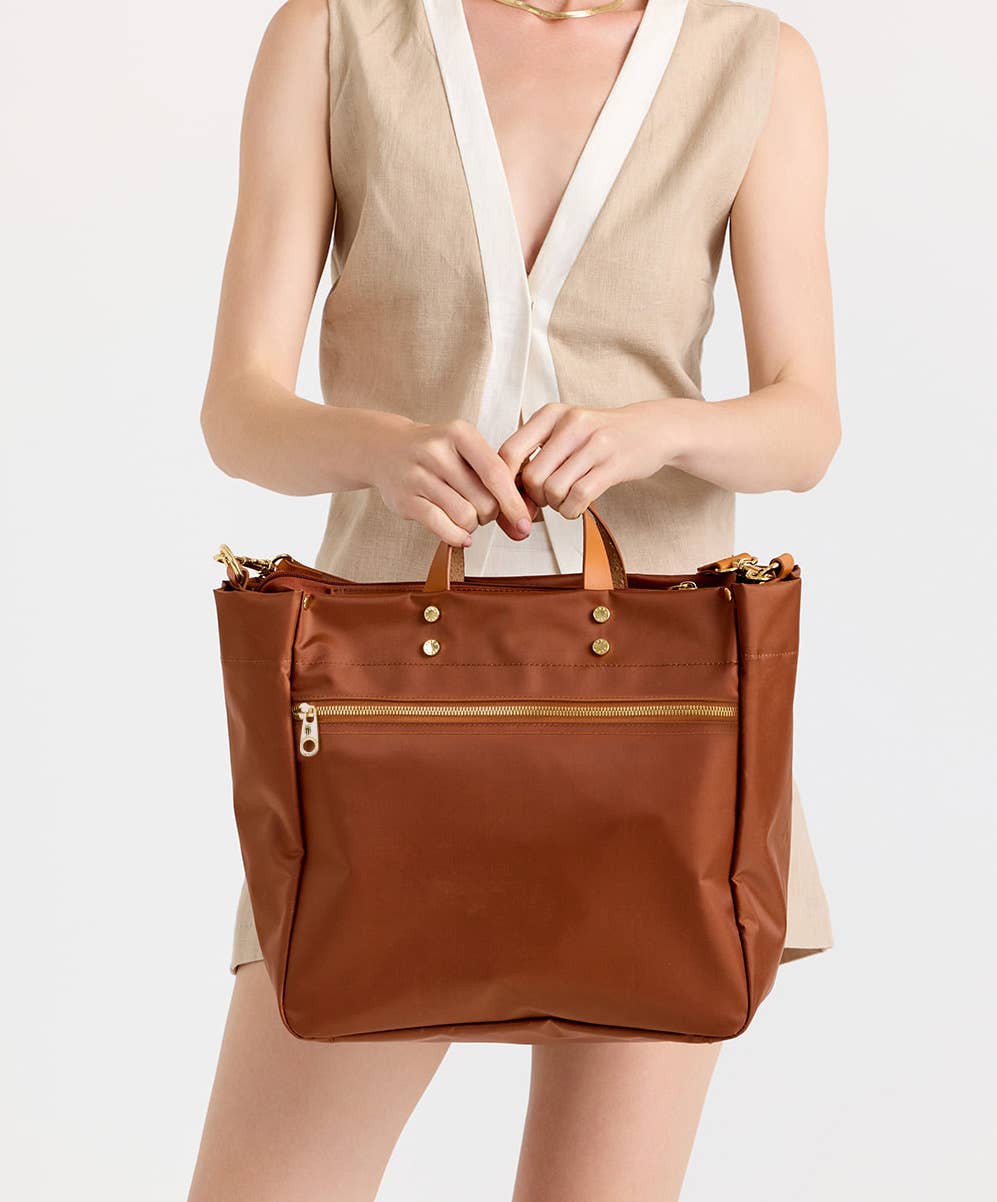"Codie" Cognac Nylon Tote with Leather Accents
