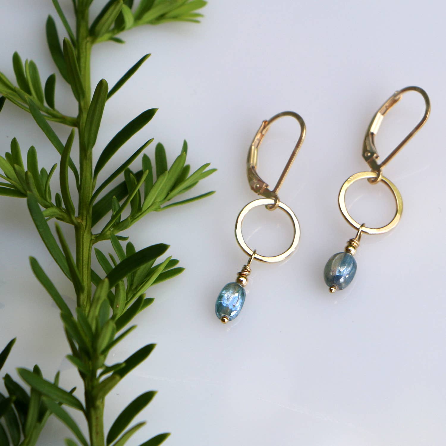 Bloom Tiny Earrings - Blue Kyanite on Gold Oval