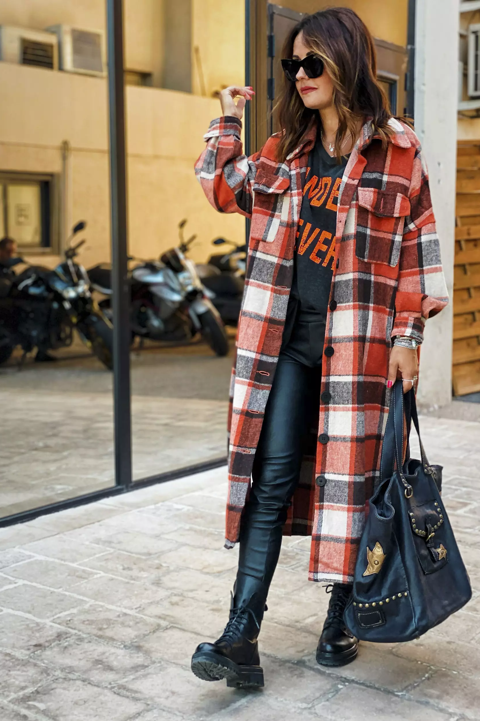 XC1360 Plaid Flannel Shacket Jacket Maxi Length Women