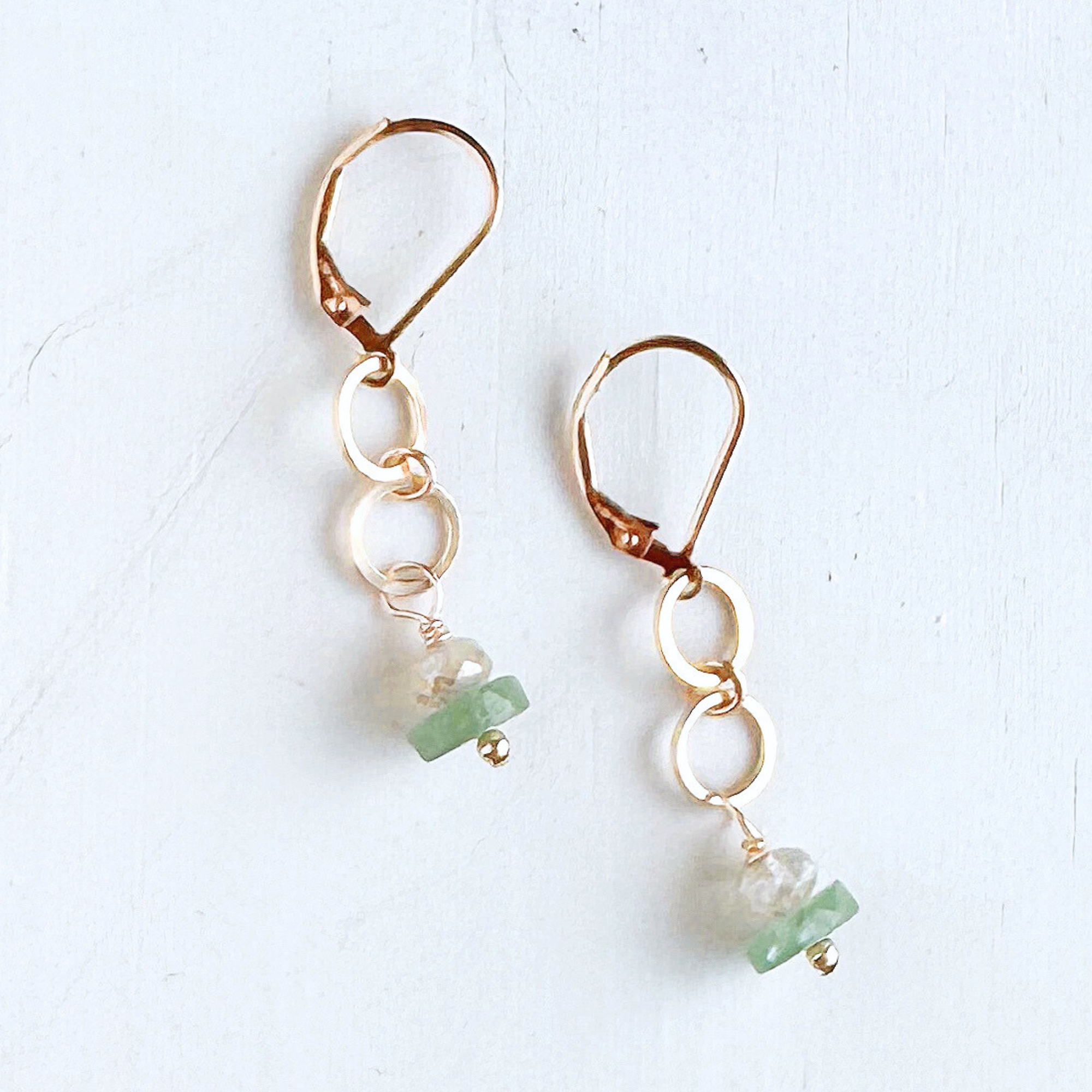 Marine Little Gemstone Earrings - Green Quartz, Gold Filled